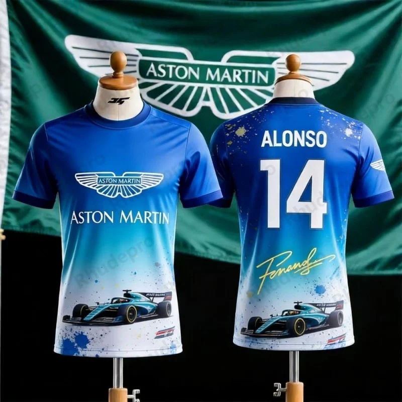 Фото Футболка с короткими рукавами Aston Martin Fernando Alonso 14 Racing Theme, повседневный дышащий топ с круглым вырезом для любителей гонок №2