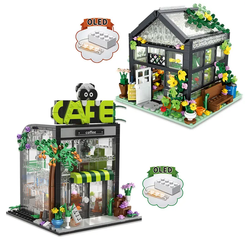 

City Street View Creative Coffee Shop House Flower Shop Building Block DIY Architecture Bricks Light Sets Kids Toys Girls Gifts