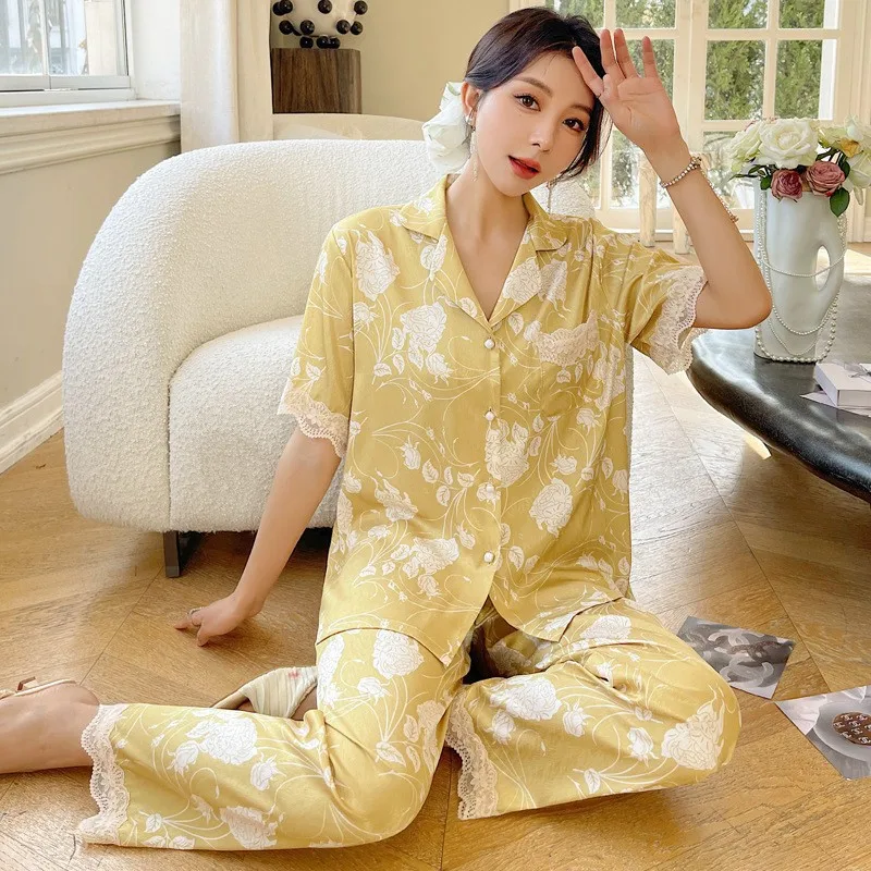 2023 Summer New Pajamas Suit Women's Ice Silk Short Sleeve Trousers Lace Suit Can Be Outerwear Homewear