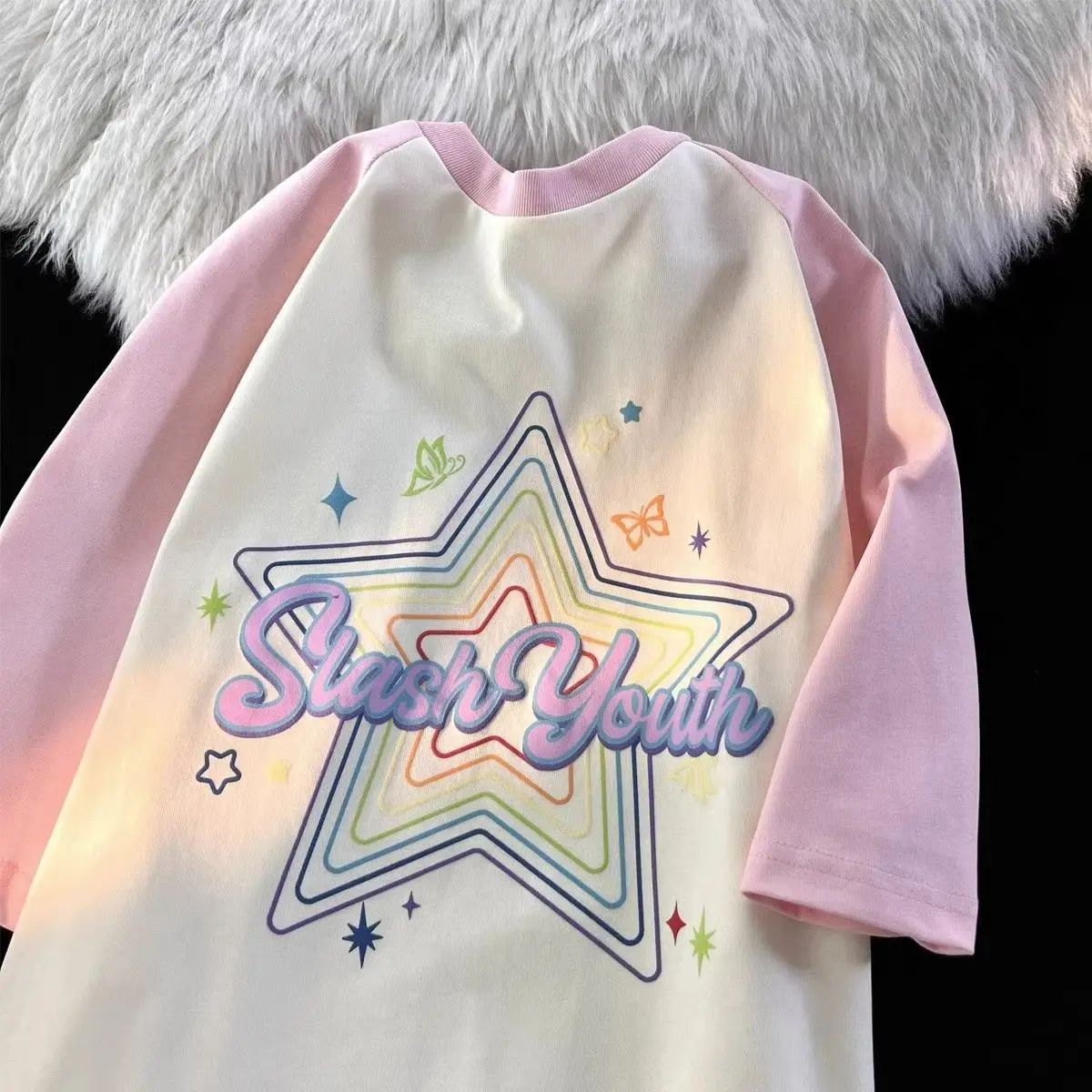 

American retro trendy brand five-pointed star cotton raglan short sleeved t-shirt women summer loose niche chic sweet y2k top