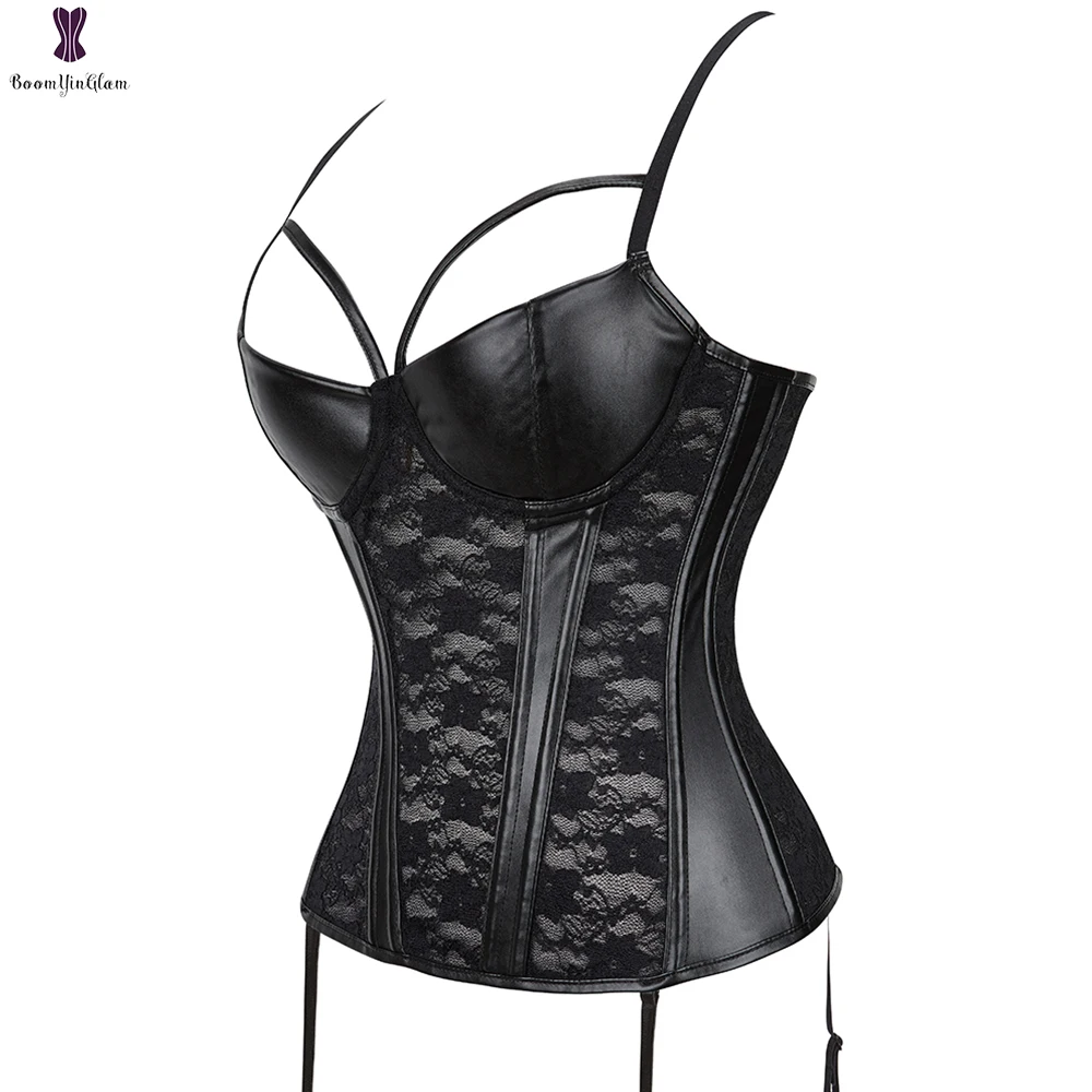 

Женский корсет из искусственной кожи на бретельках с кружевом