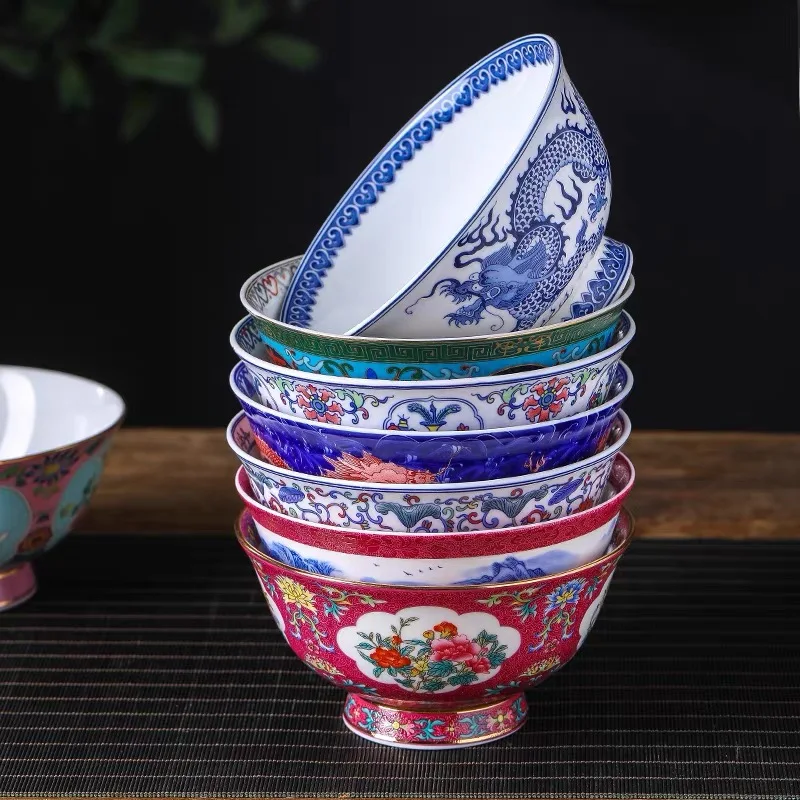 

1Pcs 6inch Noodle Bowl Chinese Jingdezhen Famille Rose Porcelain Flower Landscape Dragon Design Bowl Antique Imitation Tableware