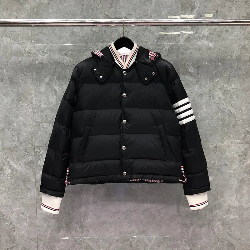 

TB THOM Men's Winter Jacket Black Down Jacket Fashion Brand Down-Filled Matte Nylon Stripes Coat Wholesale TB Thermal Jackets