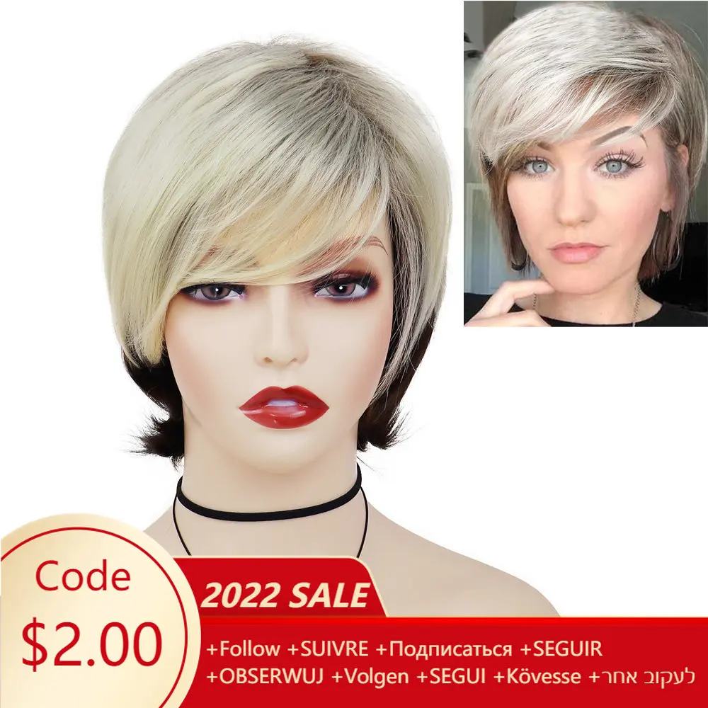 

GNIMEGIL Short Women Synthetic Wig Blonde Ombre Brown Wig with Bangs Trendy Bob Cut Mommy Wig Natural Hairstyle Bobo Wigs Female