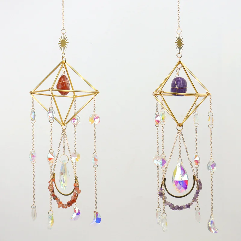 Sun Catcher Lamp Stand Hanging Window Garden Crystal Water Drop Decoration Handmade Copper Wire Wrap Natural Gravel Ornament