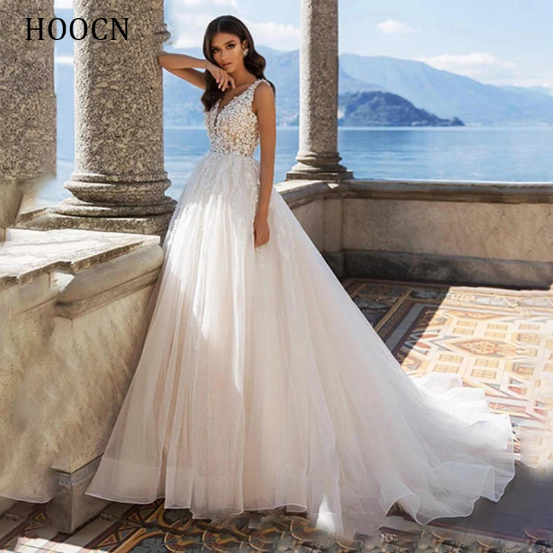 

HERBURNL Sexy V-neck A-line Romantic Wedding Dress 2022 Appliques Floor-length Backless Sleeveless Bridal Gown