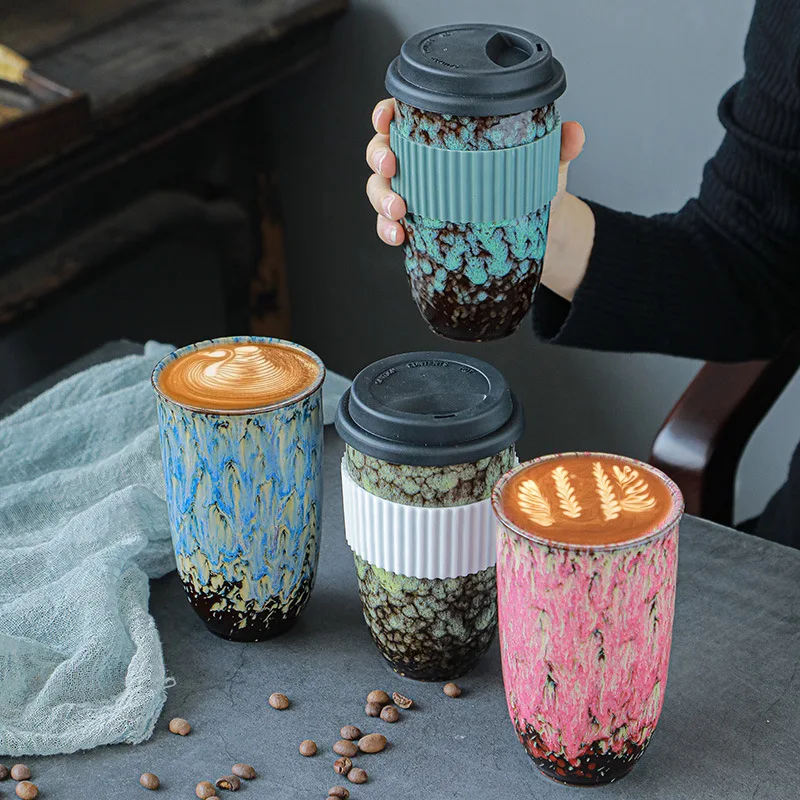 

400ml Nordic Ceramic Mug Heat Resistant Coffee Cup With Silicone Lid Heat Insulation Sleeve Latte Milk Espresso Cup Travel Mug