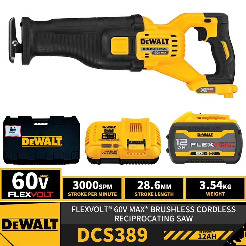 Комплект бесщеточной беспроводной сабельной пилы DEWALT DCS389 FLEXVOLT®Литиевые электроинструменты 60 в 3000spm с зарядным устройством для аккумулятора