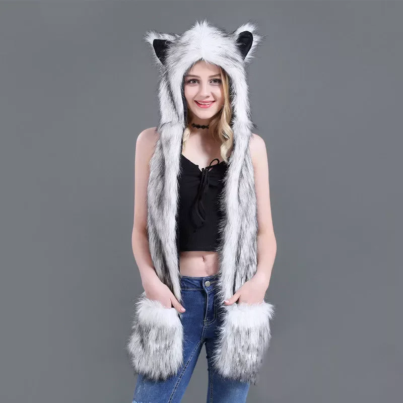 

10 Styles Faux Fur Hood Animal Hat Ear Flaps Hand Pockets 3 in1 Animal Hat Wolf Plush Warm Earmuff Animal Cap with Scarf Gloves