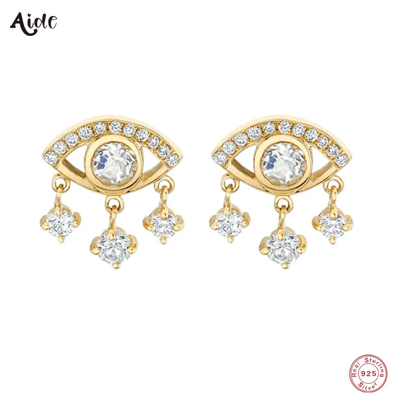 

Aide 925 Sterling Silver Shimmering Full Zircons Pave Evil Eye Shape Stud Earrings With Three Crystal Charms For Women Jewelry