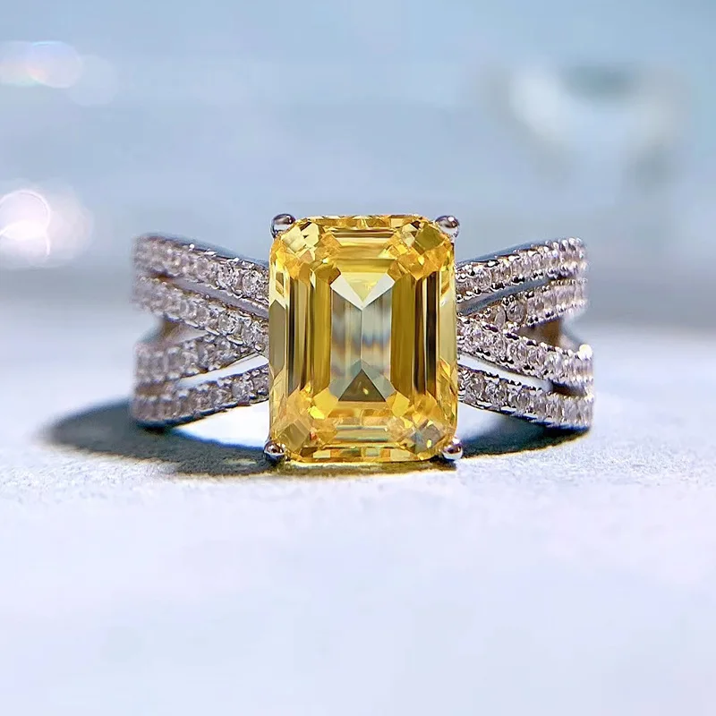 

SpringLady 925 Sterling Silver 7x9MM Emerald Cut Citrine High Carbon Diamond Gemstone Finger Ring Cocktail Party Fine Jewelry