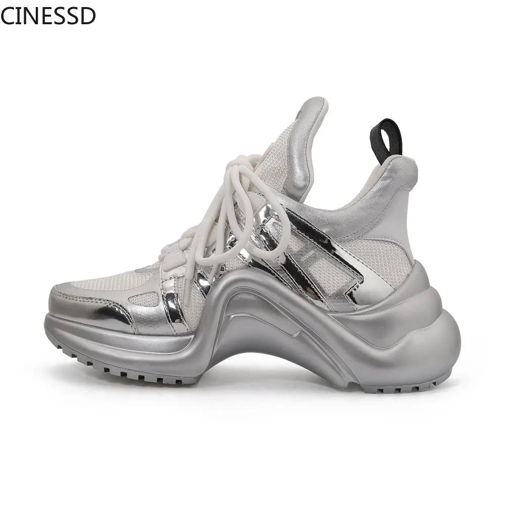 

Women Platform Arched Shape Vulcanize Sneakers Height Increasing Breathable Mesh Mixed Color Running Shoes Lace-Up Woman Shoes