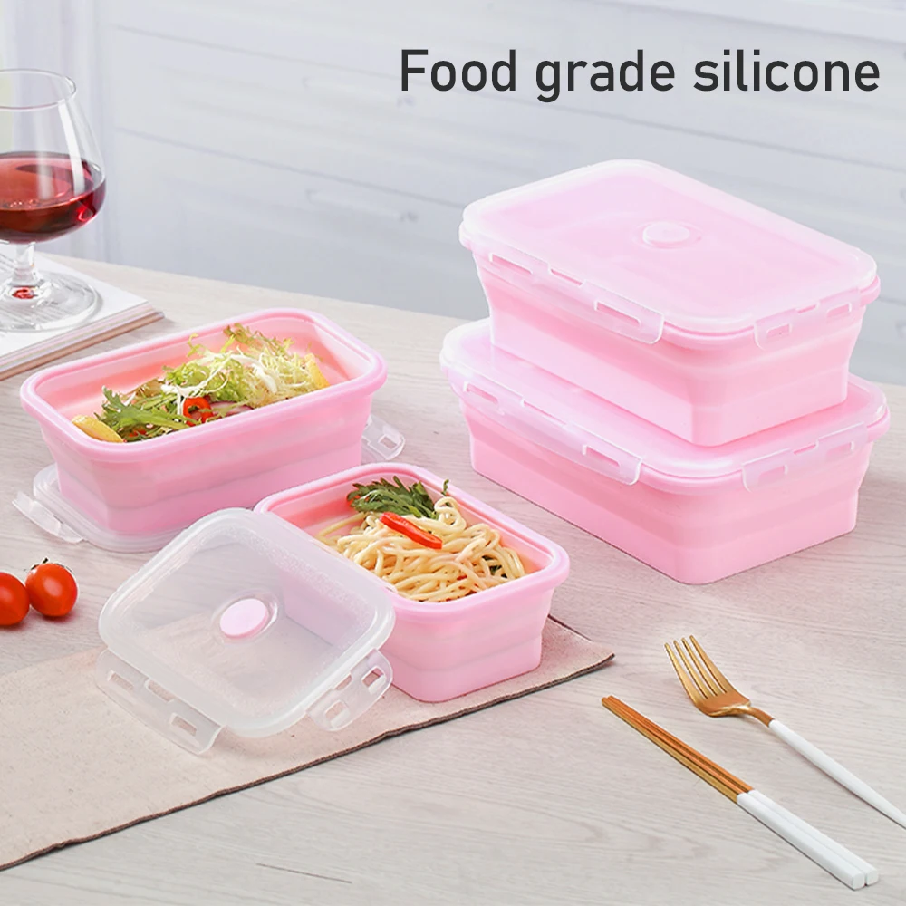 4 Sizes Lunch Box Collapsible Silicone Food Storage Container Microwavable Portable Picnic Camping Rectangle Colorful Bento Box
