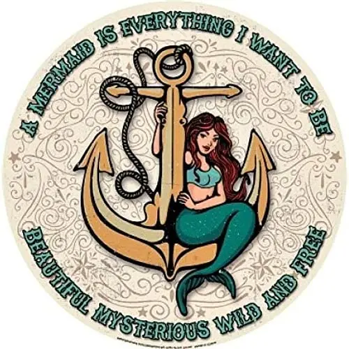 

Mermaid Anchor Beautiful 12" Round Tin Sign Nostalgic Metal Sign Fun Retro Decor