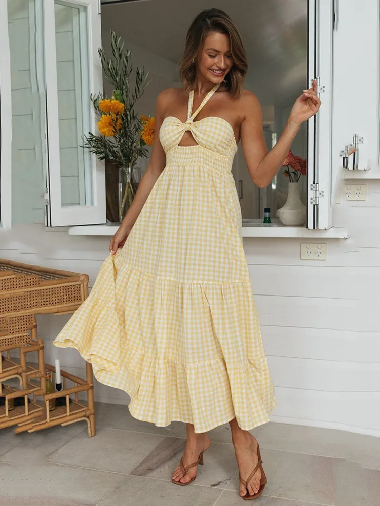 

WildPinky New Sexy Hollow Out Halter Plaid Party Dresses Women Summer High Waist Long Dress Female Backless Casual Beach Dress
