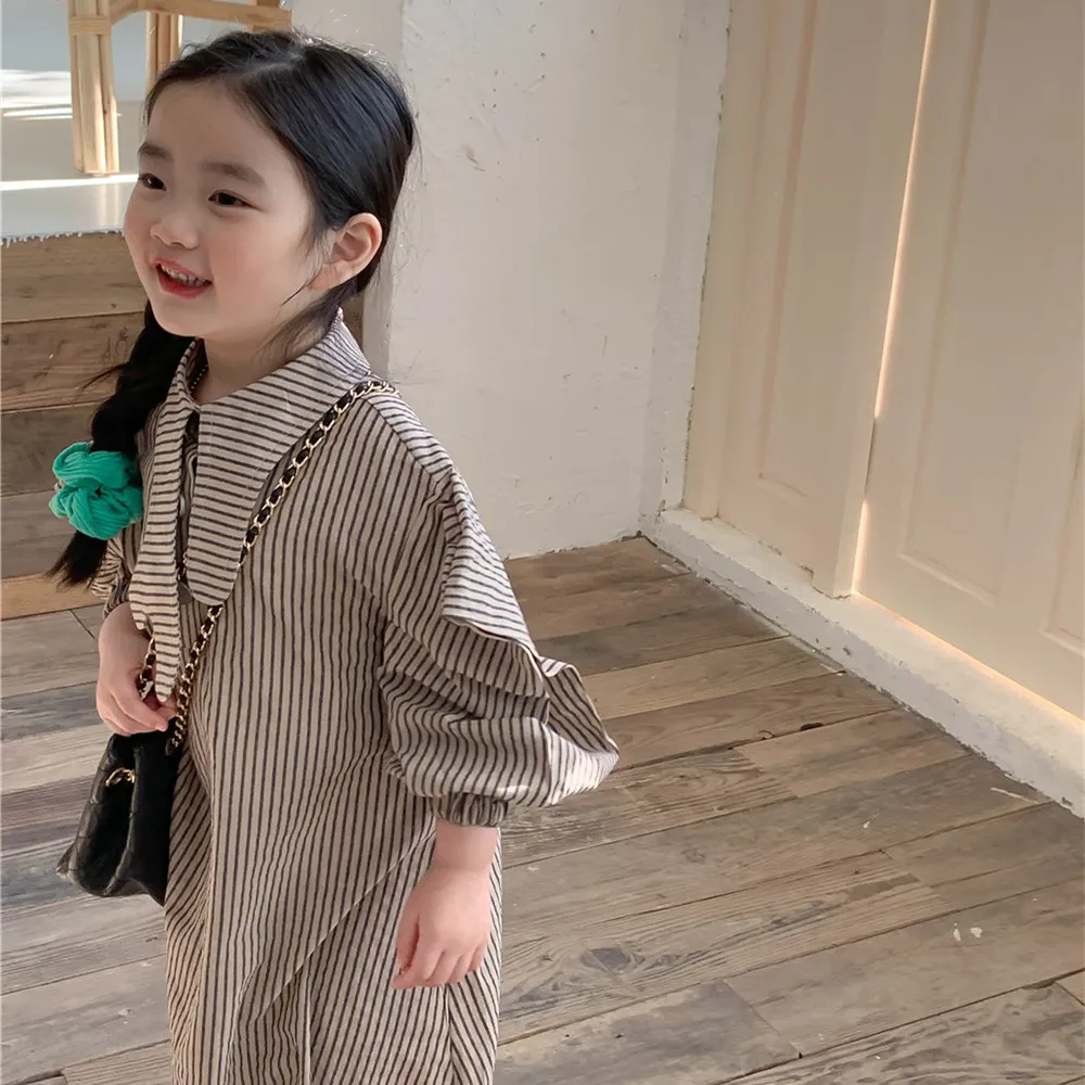 

Детская рубашка 2023 Полосатое нестандартное платье для девочек детское платье с лацканами и длинным рукавом в Вертикальную Полоску