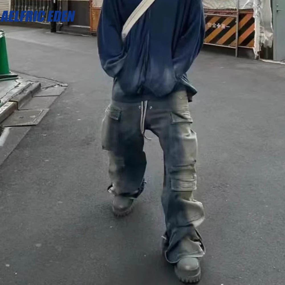 Джинсы мужские с лентами и карманами в стиле Харадзюку