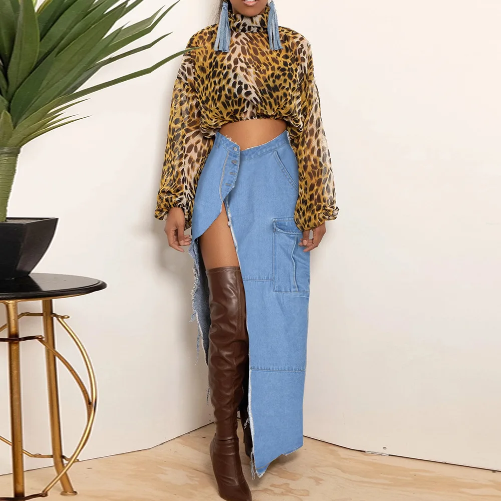 

Xiktop 2023 Spring Elegant Personality Street Style Fashion Sexy Denim Jeans Skirt Pocket Splitted Tassel For Women
