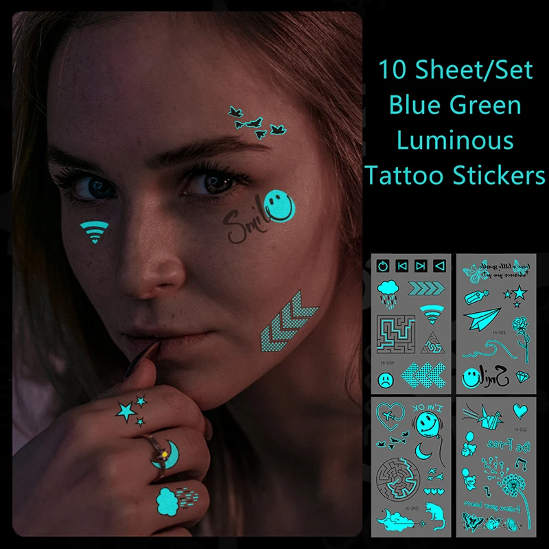 

10 Sheets Luminous Stickers Neck Tattoo Temporary Glitter Feather Wings Butterfly Star Arm Wrist Fake Tattoo Stickers
