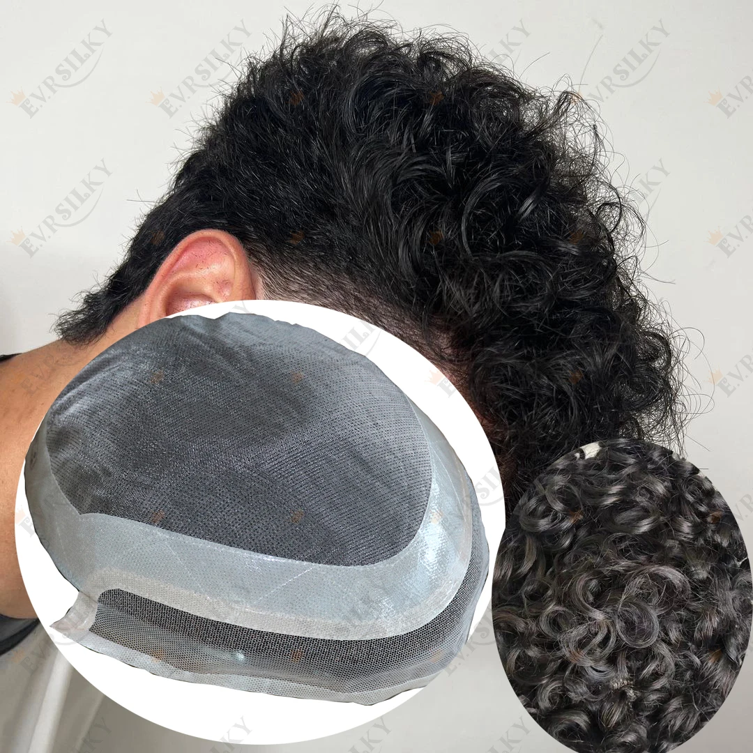 

20MM Curly Dark Brown Men Toupee Durable NPU Mono Lace Front Natural Hairline Prosthesis With Black Indian Remy Human Hair Wigs