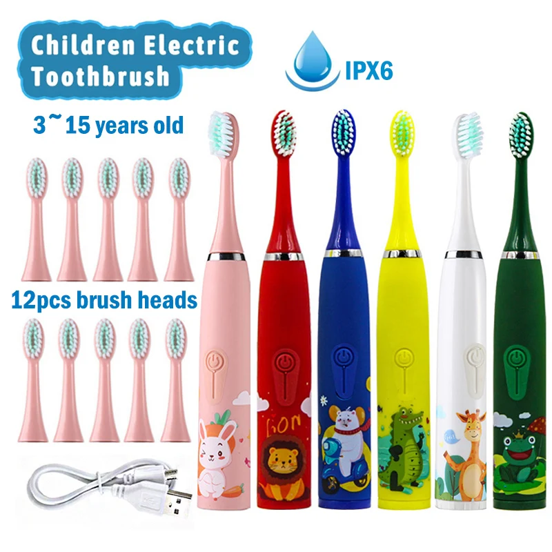 

Children's Electric Toothbrush Cartoon With 12Pcs Replacement Heads Ultrasonic Rechargeable Soft Hair Clean Brush for Kids