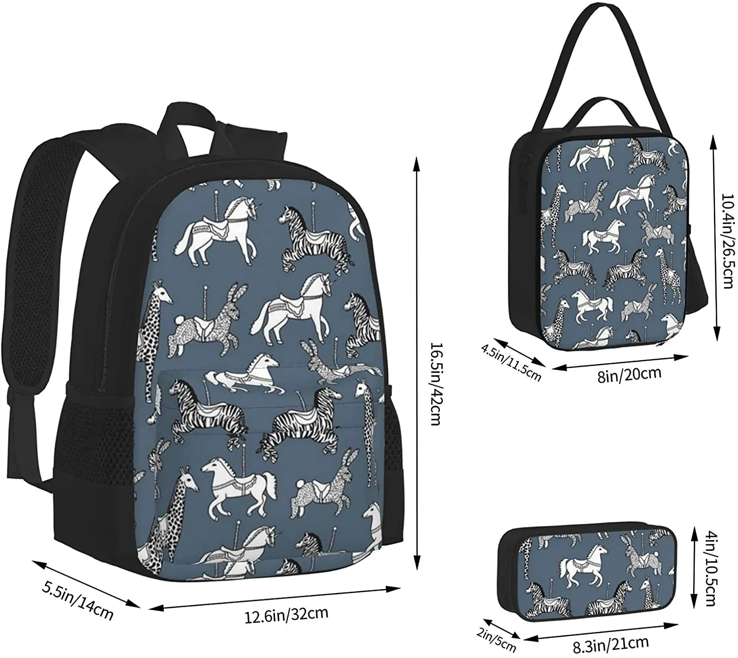 Grey Backpack Set 3-Piece Teen Boys Girls Backpack Messenger Lunch Bag Pencil Case Set