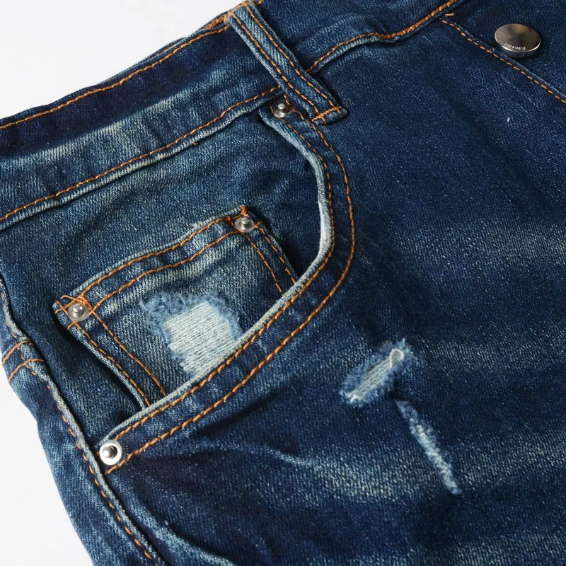 High Street Fashion Men Jeans Retro Washed Blue Stretch Skinny Ripped Jeans Men Red Paisley Patched Designer Hip Hop Brand Pants