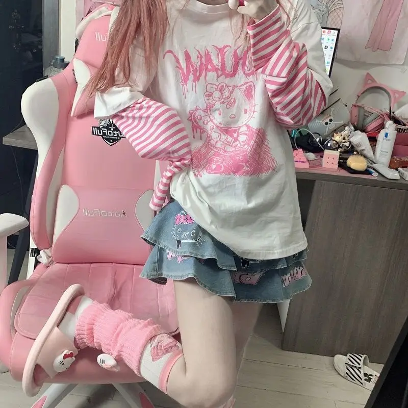 

Топ Hello Kitty женский в японском стиле, новинка 2021, свободная милая мягкая футболка с длинным рукавом и имитацией двух частей для студенток, жен...