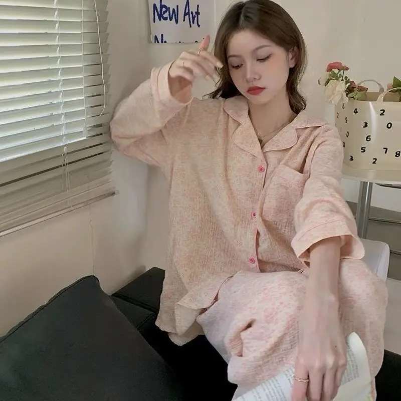 QWEEK Sleepwear Women's Cotton Trouser Suits Pink Floral Pajamas Spring Autumn Home Clothes Kawaii Pijamas Pyjamas Nightwear