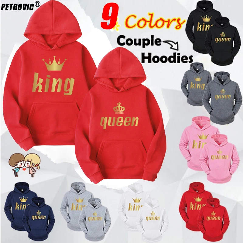 Brand Fashion KING QUEEN Printed Couple Cotton Hoodies Long Sleeve Pullovers Hooded Sweatshirts Spring Autumn Couples Matching