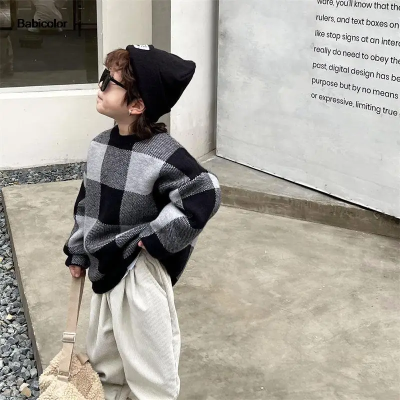 

Children's sweater 2022 winter new style boys and girls round neck thickened plaid sweater baby Korean sweater 2-7 years old