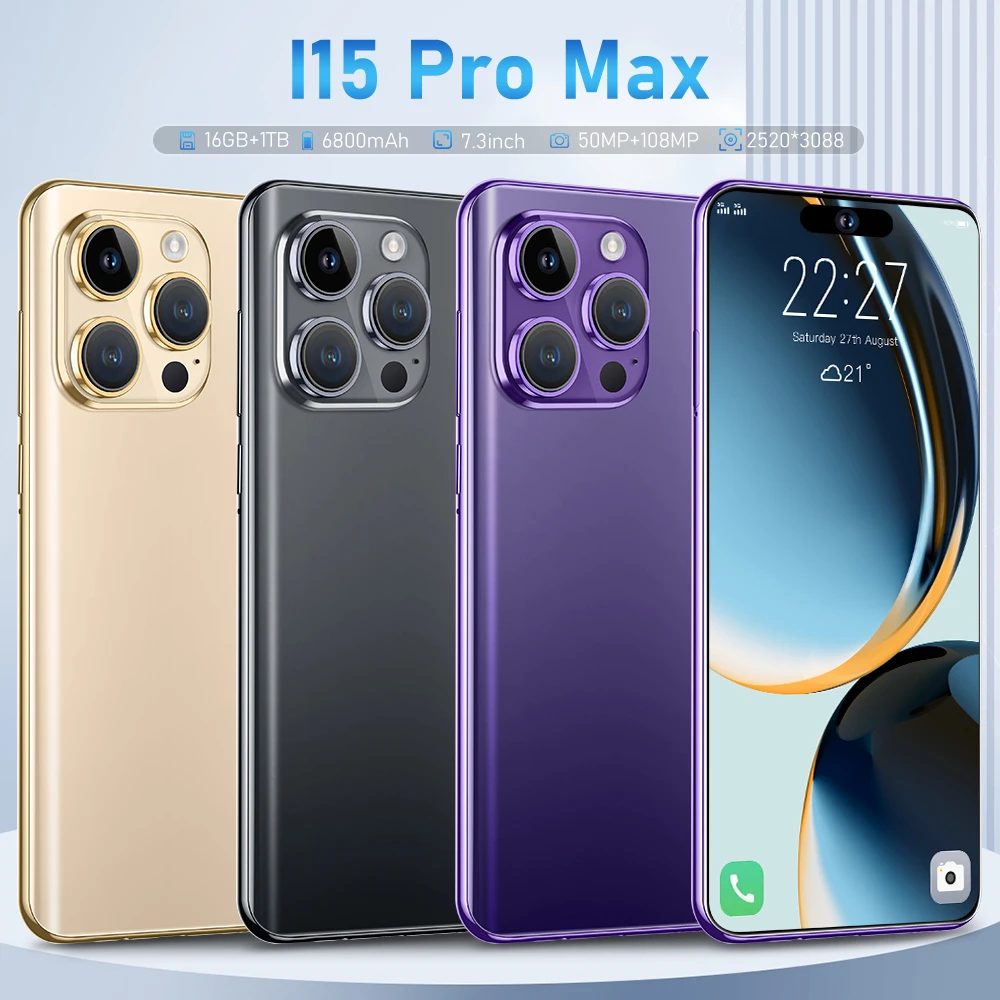 

New I15 Pro Max 7.3 Inch Screen Global Version 4G 5G Smartphone Face ID 16GB+1TB Cell Phone 6800mAh Battery Mobile Phones