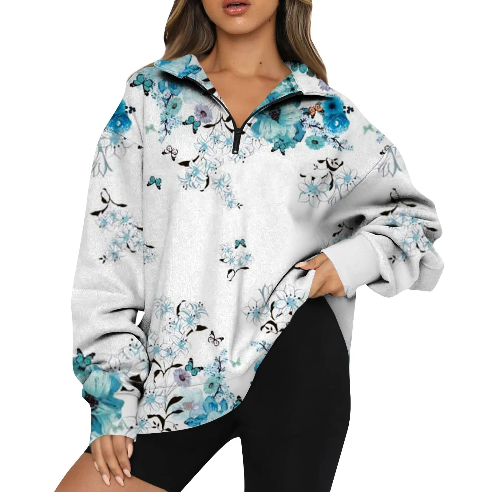 

Women'S Fashionable Long-Sleeved Retro Sweatshirt Floral Print Zipper Sweatshirt Top Loose Casual Soft Sweatshirt Sudaderas