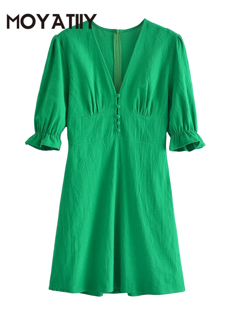 

MOYATIIY Women 2022 Fashion Summer Dress Vintage Green Cotton Linen Dresses Short Sleeve V Neck Female Vestidos