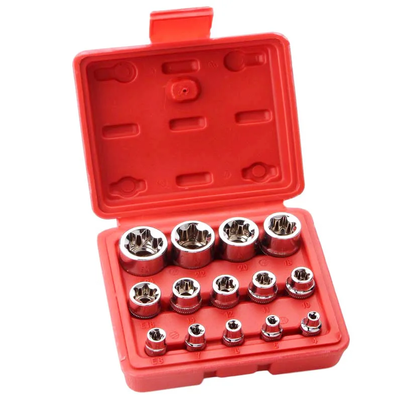 

14 PCS Female E Torx Star Socket Set E4 - E24 Female External Torque Star Socket Set,1/4" 3/8" 1/2" Drive Inverted Torx Star Bit