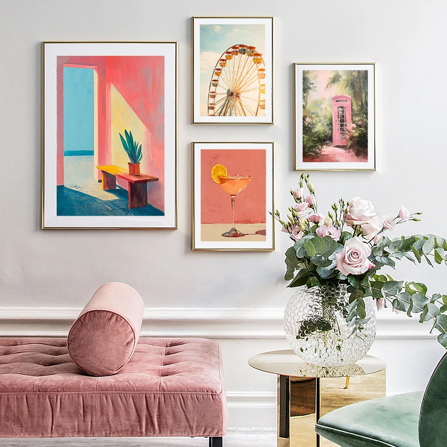 Картина на холсте с изображением колеса обозрения розового поезда пасторального