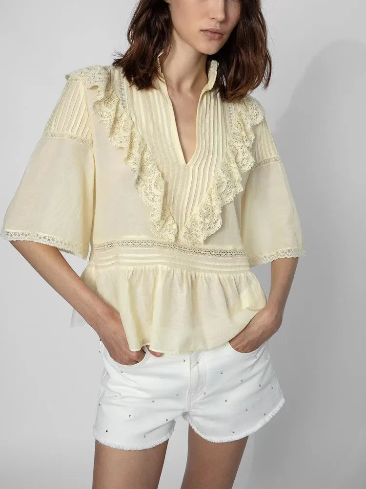 2022 Summer New Women's Lace Shirt White or Yellow Ruffles V-neck Short Sleeve Elegant Ladies Blouses