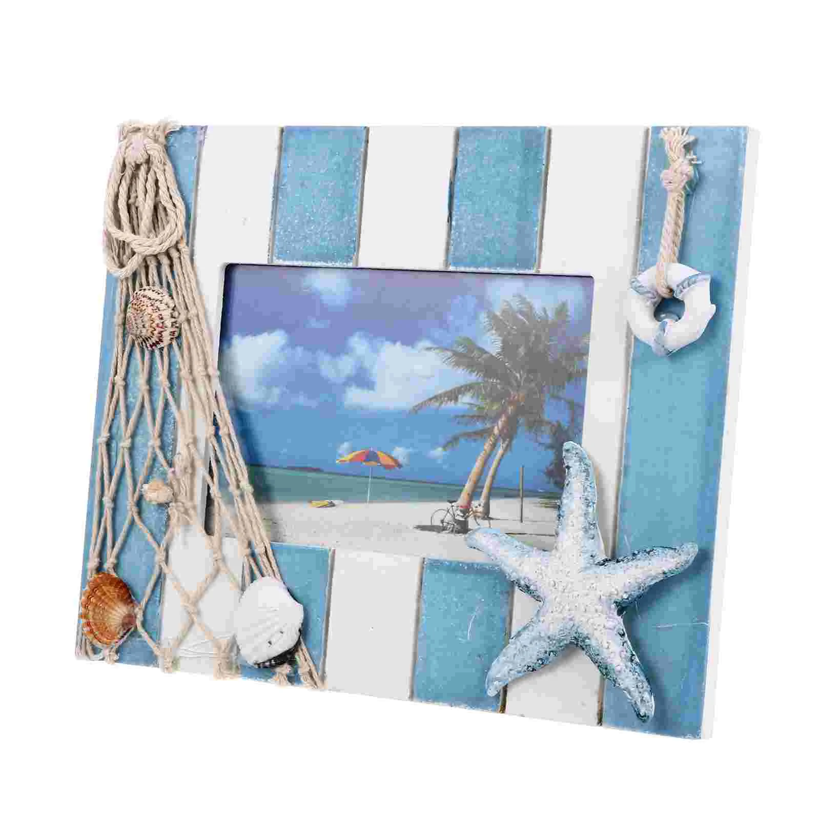

Glass Picture Frame Ocean Distressed Home Décor Self Stand Photo Desktop Easel Rural Mediterranean