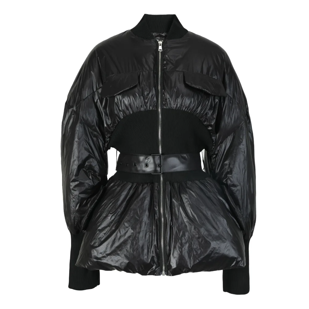 LXUNYI  Autumn Winter Women's Bomber Jacket Stand Collar Belt Slim Long Sleeve Zipper Patchwork Down Coats Fashion New Outerwear