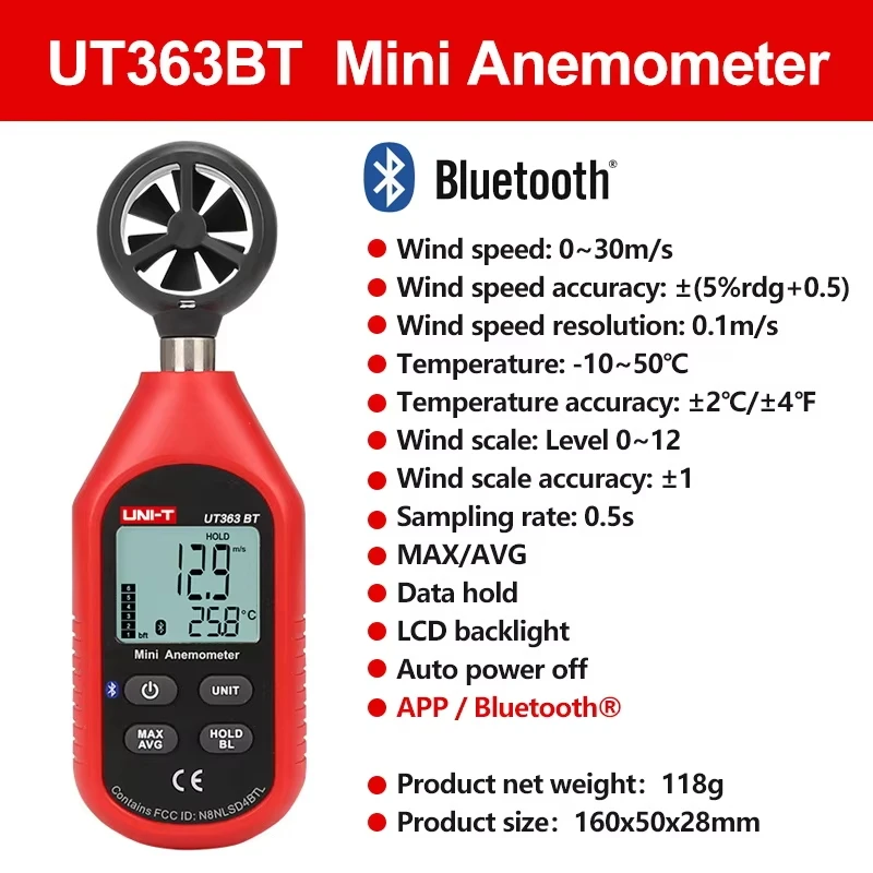 UNI-T UT363 UT363BT Ручной анемометр Цифровой измеритель скорости ветра Тестер температуры ЖК-дисплей Измеритель скорости потока воздуха ветра (art.: 3920d03322f27) - 3920d03322f27