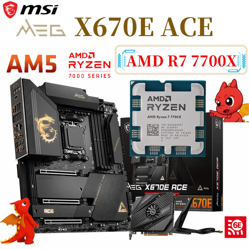 

AM5 MSI MEG X670E ACE Motherboard + AMD Ryzen 7 7700X CPU Kit Supports DDR5 128GB 6666（OC）MHz Memory Wi-Fi 6E ATX Mainboard New