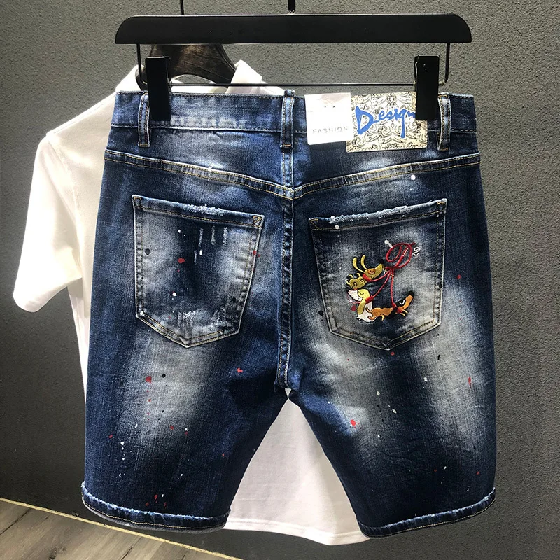 Men Ripped Denim Shorts Summer Blue Shorts Jeans Hight Quality Male Cotton Stretch Fit Denim Jeans Holes Shorts Size 38