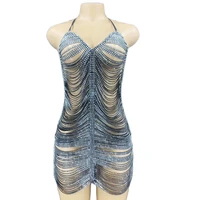 silver striped rhinestones sparkling backless dress women hollow out sleeveless performance clothing club stage costume
