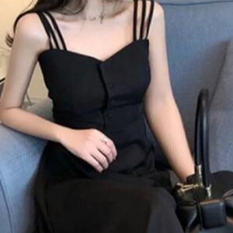 

Sleeveless Dresses Women Summer Sexy Low Neck Fashion Young Cozy Spaghetti Strap Solid A-line Backless Slim Korean Style Lady
