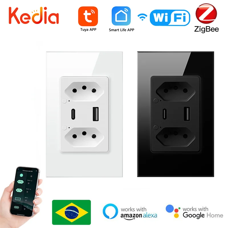 

Умная бразильская настенная розетка Tuya Wi-Fi/Zigbee с портом USB/Type C, индивидуальное управление, двойная розетка, розетка, работает с Alexa Google Home