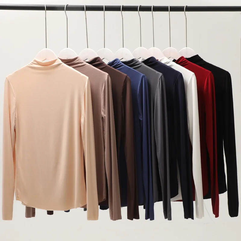 

Autumn Winter Women T-shirts Casual Korean Solid Modal Turtleneck Bottoming Shirt Inner Spring Warm Basic Shirts Woman Tops