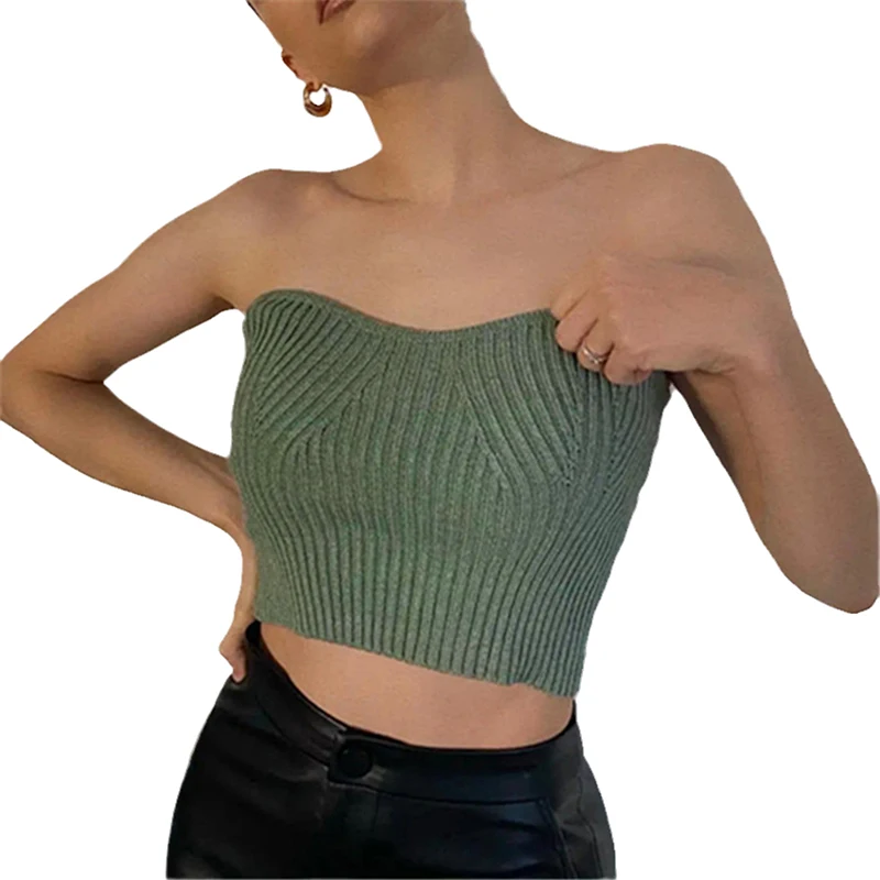 

Women\u2019s Sexy Knitted Tube Tops Fashion Solid Color Exposed Navel Backless Strapless Tops