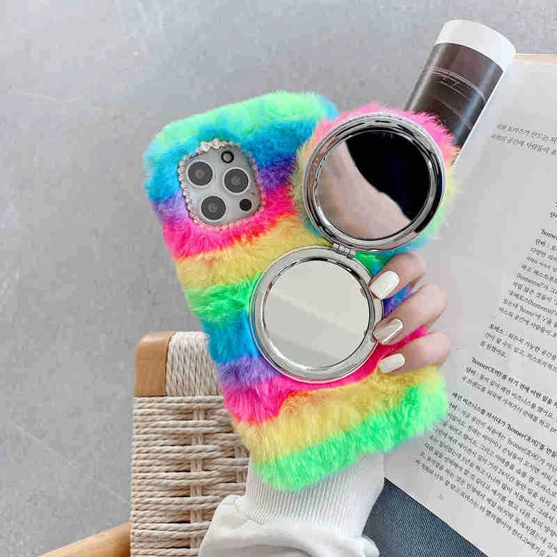 

The new rainbow mirror in autumn and winter is suitable for iPhone 13 Plush mobile phone case splicing 12promax plush soft case