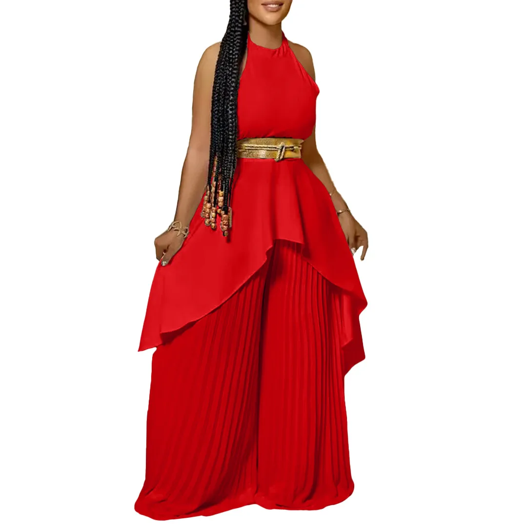Plus Size Matching Sets Halter Tops And Wide Leg Pants With Belt Female Luxury Fashion Women Clothing 2023 Summer Two Piece Sets