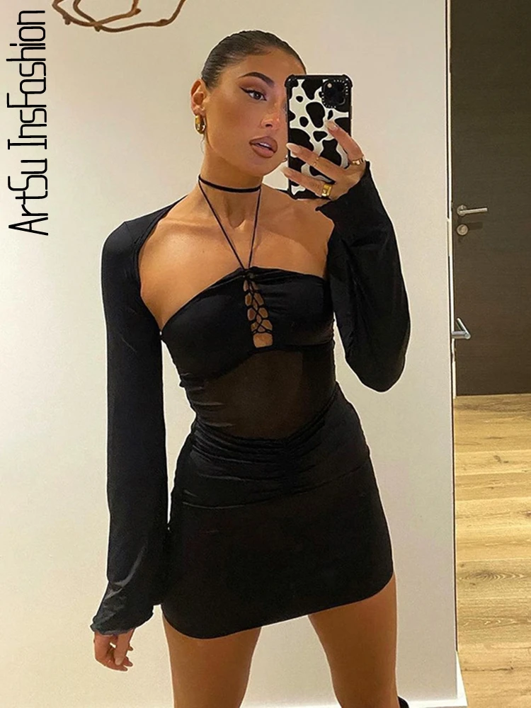 

Соблазнительное платье, облегающее мини-платье с длинным рукавом, Сетчатое платье с открытой спиной, одежда в готическом стиле, Клубные нар...